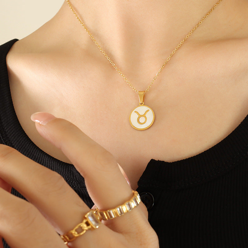 Wholesale Inlaid White Seashell Zodiac Pendant Plated 18K Real Gold Necklaces